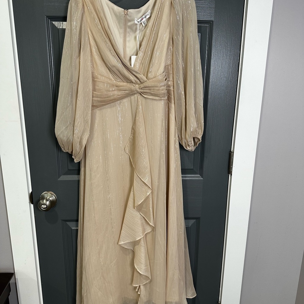 Ever Pretty Gold Wrap Ruffled Gown with Plunge Neckline